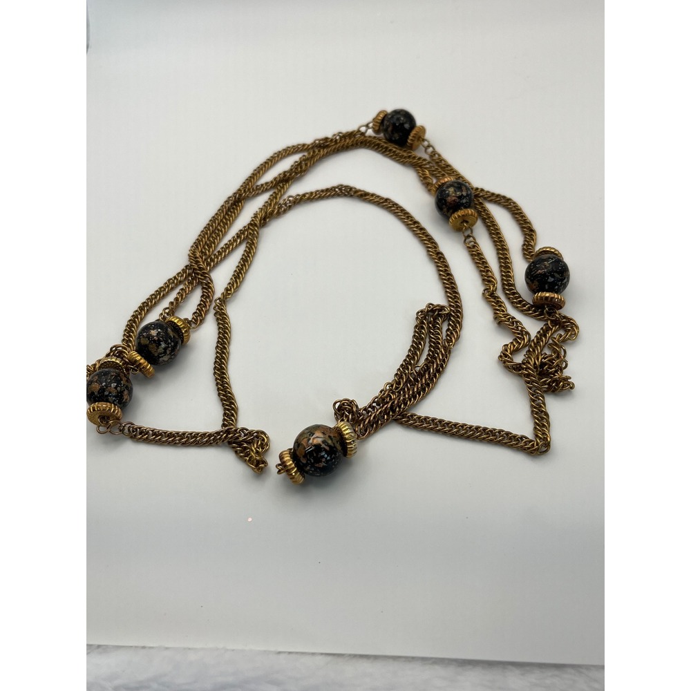 Vintage Brass Multi Strand Necklace Black Gold Speckled Beads 32 Inch Long